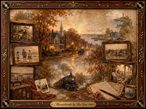 A nostalgic Massachusetts coastal town glows beneath an amber sunset, framed by autumn trees, vintage homes, harbor boats, and a distant lighthouse. Sepia-toned photographs, handwritten letters, a steam train, suitcase, rose, and old map form a layered memory collage. Ornate rosewood, gold musical inlays, and soft painterly textures deepen the wistful mood.