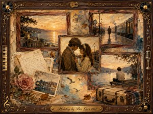 A nostalgic memory collage unfolds in warm rosewood frames, blending a seaside sunset, rainy train platform, tender young couple, handwritten letter, drifting birds, and a solitary figure by the water. Sepia gold, dusty blue, and muted rose tones glow softly through painterly oil, acrylic, and watercolor textures, creating wistful romantic melancholy.