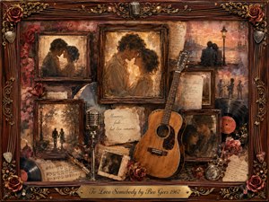 A nostalgic romantic collage fills an ornate rosewood and gold frame, blending faded portraits of lovers, handwritten letters, roses, vinyl records, microphones, sheet music, and a weathered acoustic guitar. Warm amber, crimson, and sepia tones glow beneath soft vintage lighting, creating a tender, wistful mood in richly textured painterly style.