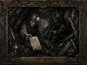 Two exhausted miners sit trapped within a collapsed underground tunnel, surrounded by splintered beams, coal dust, and jagged rock. Deep charcoal textures, smoky grays, and faint amber lantern light create a mournful, claustrophobic mood. An ornate rusted metal frame with chains, gold filigree, and an engraved title plate completes the somber memorial-like composition.