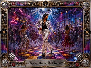 A dazzling disco dancer strides confidently beneath a mirrored ball in a crowded 1970s nightclub, surrounded by shimmering dancers, neon lights, and a glowing city skyline. Rich purples, blues, reds, and golds create energetic warmth, while expressive painted textures, chrome framing, records, microphones, and ornate musical details heighten the glamorous atmosphere.