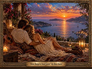 A couple rests closely together on a lantern-lit coastal terrace, gazing across a glowing sea at sunset. Warm gold, coral, violet, and deep blue tones create a tender, nostalgic mood. Richly textured painterly details, patterned cushions, flowers, guitar, wine, distant sailboats, and an ornate musical frame deepen the romantic atmosphere.
