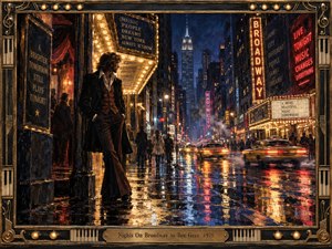A solitary man in a dark tailored suit stands beneath glowing Broadway marquees on a rain-soaked city street, surrounded by taxis, theater lights, and nighttime crowds. Deep blues, amber golds, and red neon reflections create a romantic, restless mood, rendered in richly textured painterly detail within an ornate musical frame.