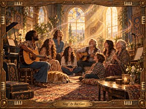 A joyful multigenerational group gathers in a sunlit, bohemian music room, singing beside acoustic guitars and a piano. Golden afternoon light streams through tall windows, illuminating floral textiles, warm wood, greenery, and drifting musical motifs. The richly detailed, painterly scene feels intimate, nostalgic, communal, and exuberantly alive.