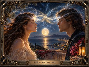 Two serene figures face each other above a moonlit coastal city, linked by luminous gold and blue energy suggesting intuition and unseen connection. Deep navy skies, warm lantern light, reflective water, flowers, and ornate bronze musical framing create a romantic, mystical 1980s atmosphere with cinematic realism and richly handcrafted detail.