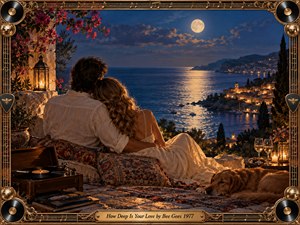 A romantic couple embraces on a candlelit terrace overlooking a moonlit coastal village and shimmering sea. Deep blue night tones contrast with warm gold lanterns, flowers, wine, and a vintage record player. Ornate bronze musical framing, vinyl records, and a sleeping dog enrich the nostalgic, cinematic atmosphere.