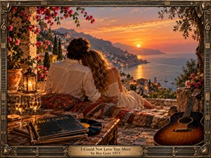 A romantic couple embraces on a flowered stone terrace above a glowing coastal town at sunset. Warm amber light reflects across the sea, while wine glasses, records, lanterns, and an acoustic guitar create intimate nostalgia. Ornate bronze framing, musical motifs, rich textures, and painterly detail deepen the timeless, devoted mood.