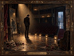 A solitary man stands beneath a warm spotlight on a worn theater stage, facing rows of empty red seats. Rain glows beyond an open doorway, while scattered roses, masks, faded posters, and deep shadows create a mood of regret, isolation, and quiet reflection in richly textured, vintage theatrical realism.