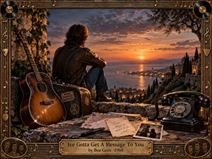 A solitary man overlooks a glowing coastal city at sunset, surrounded by an acoustic guitar, travel case, letters, photograph, and vintage telephone. Warm amber light contrasts with deep blue shadows, creating a reflective, urgent mood. Ornate bronze musical framing and aged textures give the cinematic scene a nostalgic handcrafted character.