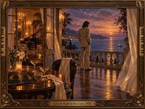 A solitary man in a cream suit stands on a glowing seaside terrace at sunset, framed by billowing curtains and an elegant candlelit interior. Warm amber reflections contrast with violet-blue water and distant coastal lights, creating a romantic, wistful mood. Ornate musical framing and polished surfaces enhance the vintage painted atmosphere.