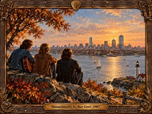 Three young musicians sit on a rocky autumn overlook above a harbor, facing a glowing city skyline at sunset. Warm gold, rust, and blue tones create a nostalgic, reflective mood. Detailed oil-style brushwork, sailboats, a lighthouse, and an ornate wood-and-bronze musical frame reinforce the romantic 1960s atmosphere.
