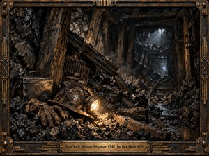 A ruined coal mine stretches into deep shadow beneath splintered timber supports, scattered rock, and dripping darkness. A battered helmet lamp glows warmly beside abandoned gloves, tools, and a metal cage, contrasting with cold shafts of distant light. The handcrafted industrial realism creates a tense, mournful atmosphere of isolation, memory, and loss.