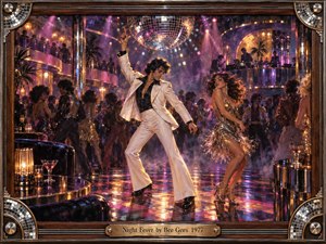 A glamorous 1970s disco pulses beneath a mirrored ball as two dancers command the glowing floor. Purple, amber, gold, and blue lights reflect across polished tiles, chrome rails, sequined clothing, and smoky air. Rich painterly detail, dramatic spotlights, crowded balconies, and an ornate retro frame create electric nightlife energy.