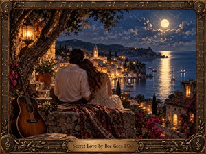 A romantic couple sits beneath a lantern on a stone terrace overlooking a moonlit Mediterranean village and shimmering bay. Warm amber lights contrast with deep blue skies and water, while flowers, a guitar, patterned fabric, and an ornate musical frame create an intimate, nostalgic, richly textured painted atmosphere.