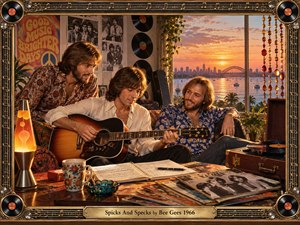 Three musicians gather around an acoustic guitar in a warmly lit retro room overlooking a glowing harbor sunset. Rich oranges, browns, and golds create a nostalgic mood, while records, handwritten music, vintage decor, and a turntable deepen the 1960s atmosphere. An ornate musical frame and brass title plate complete the detailed illustration.
