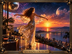 A radiant woman in a shimmering silver gown dances above a glowing coastal city at sunset, framed by palm leaves, a turntable, disco balls, and ornate golden music motifs. Warm orange light meets a deep starry sky, creating a romantic, dreamlike blend of disco glamour, freedom, memory, and celestial wonder.