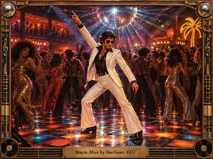 A confident dancer in a white flared suit commands a glowing 1970s nightclub beneath a mirrored disco ball. Warm amber, red, and electric blue lights shimmer across the crowded floor, creating energetic motion and swagger. An ornate bronze and black musical frame completes the richly cinematic retro composition.