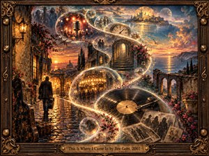 A richly detailed golden twilight scene follows an S-curve of glowing memories through a coastal old-world city. A solitary traveler, vintage microphone, clock, theater, vinyl record, photographs, and distant illuminated architecture suggest reflection and return. Warm amber light, deep blue shadows, ornate bronze framing, and painterly realism create nostalgic grandeur.