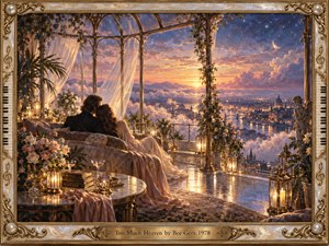 A romantic couple rests beneath a glass conservatory overlooking a glowing city at twilight. Warm gold lanterns, blush roses, flowing curtains, and polished marble create a dreamy, intimate mood. Deep blue skies, distant clouds, and a crescent moon contrast with the ornate ivory and gold musical frame and engraved 1978 title plate.