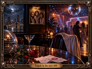 A lonely 1970s nightclub glows with amber and electric blue light beneath mirrored disco balls. A rose, cocktail, lipstick-marked napkin, and abandoned jacket suggest heartbreak amid fading celebration. City lights shimmer beyond the window while blurred dancers recede into shadow, framed by ornate gold musical detailing and dramatic cinematic realism.