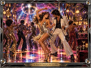 A glamorous 1970s disco pulses with energy as a sparkling couple dances beneath a mirrored ball, surrounded by stylish revelers and glowing lounge lights. Gold, magenta, violet, and blue reflections shimmer across the polished floor. Rich painterly detail, dramatic lighting, metallic textures, and an ornate frame create exuberant nightlife elegance.