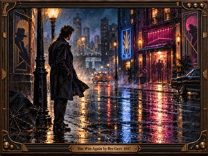 A solitary man stands beneath a glowing streetlamp on a rain-soaked city corner, watching a vivid neon nightclub across the street. Blue, magenta, amber, and gold reflections shimmer on wet pavement, creating a romantic yet defeated mood. Painterly textures, distant towers, vintage cars, and an ornate bronze frame deepen the cinematic 1980s atmosphere.