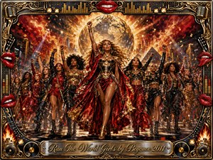 A commanding woman leads a diverse group forward beneath a glowing golden globe, surrounded by fiery city lights, confetti, and dramatic stage beams. Rich reds, blacks, bronze, and gold create a triumphant, high-energy mood. The ornate music-themed frame features microphones, speakers, red lips, equalizer bars, flames, and an engraved title plate.