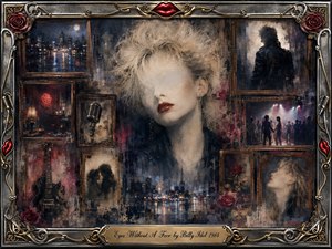 A haunting woman with obscured eyes dominates a layered collage of faded city nights, shadowed figures, roses, guitars, microphones, and intimate memories. Deep burgundy, charcoal, silver, and muted gold create a melancholic glow. Weathered oil-paint textures blend with watercolor softness, framed by ornate chrome, roses, and vivid red lips.