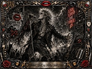 A fierce punk-rock singer commands a stormy nighttime stage, microphone raised beneath jagged lightning and neon city lights. Deep charcoal textures, black leather, crimson lips, roses, chrome, and gold accents create a rebellious, electric mood. An ornate music-inspired frame surrounds the dramatic composition, finished with an engraved title plate.