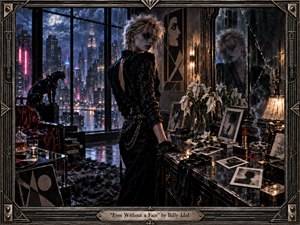 A solitary, androgynous figure stands in a shadowy 1980s penthouse beside a cracked mirror and rain-streaked windows overlooking a neon city. Icy blues, black, silver, and warm amber light create a melancholic noir mood. Wilting flowers, blurred photographs, smoke, reflective marble, and an ornate metallic frame deepen the atmosphere.