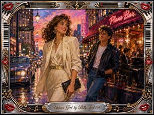 A stylish woman in white strides through a glowing uptown nightlife scene while a casually dressed man watches from a lively piano bar. Warm neon reds, golds, blues, and sunset pinks reflect across wet streets. Expressive painterly brushwork, vintage glamour, chrome ornamentation, musical motifs, red lips, and an engraved title plate create playful romantic energy.