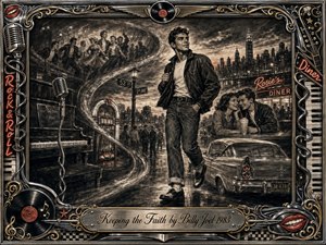 A confident young man strides through a nostalgic New York night, surrounded by dancing friends, a glowing diner, classic car, piano, microphone, and city skyline. Deep charcoal textures, smoky shadows, muted red highlights, and metallic accents create warmth and motion, while an ornate rock-and-roll frame celebrates youthful memories, resilience, and optimism.