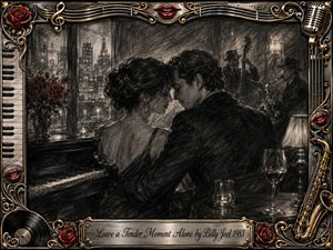 A tender couple leans close beside a piano in a dim jazz lounge, surrounded by smoky shadows, city lights, roses, and softly glowing glassware. Deep feathered charcoal textures create a nostalgic, intimate mood, accented by crimson and metallic gold. An ornate music-themed frame and engraved title plate complete the romantic composition.