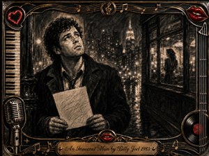 A pensive man clutches a love letter on a rain-slicked city street, gazing upward while a woman stands beyond a glowing cafe window. Deep charcoal textures, sepia shadows, warm gold highlights, and red accents create a romantic noir mood. An ornate music-themed frame surrounds the scene with piano keys, microphone, vinyl, and musical notes.