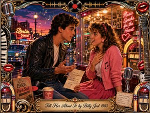 A young couple shares a heartfelt conversation outside a glowing retro diner at twilight, surrounded by jukeboxes, vinyl records, microphones, musical notes, and neon signs. Warm reds, pinks, gold, turquoise, and chrome create an upbeat romantic mood, while cinematic lighting and an ornate music-themed frame evoke nostalgic 1980s pop energy.