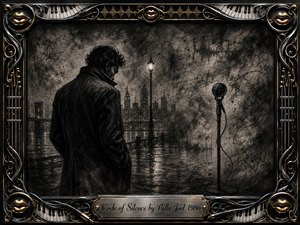 A solitary man stands beside a misty city waterfront, facing an unused vintage microphone beneath a glowing streetlamp. Deep charcoal textures, smoky grays, wet reflections, and abstract sound waves create a secretive, introspective mood. An ornate black, chrome, and gold musical frame surrounds the scene, finished with piano keys and an engraved title plate.