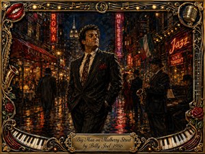 A confident suited man strides through a rain-slicked Mulberry Street at night, surrounded by glowing cafes, jazz musicians, neon signs, and lively city silhouettes. Rich reds, golds, amber highlights, and deep blue shadows create a dramatic cinematic oil-painting mood. An ornate musical frame features piano keys, saxophones, roses, chrome, and an engraved title plate.