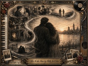 A devoted couple embraces beside a glowing city waterfront at sunset, surrounded by charcoal memory scenes flowing in a graceful S-curve. Sepia, black, and warm gold tones create a nostalgic, romantic mood. An ornate musical frame features piano keys, guitar strings, roses, vinyl records, photographs, sheet music, and an engraved title plate.