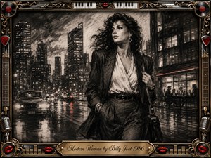 A confident woman strides through a rain-slicked nighttime city, framed by glowing skyscrapers, traffic reflections, and a sophisticated urban atmosphere. Deep feathered charcoal creates dramatic shadows and smoky texture, accented by restrained red highlights. An ornate music-themed frame features gold, chrome, records, piano keys, microphones, and a central engraved title plate.