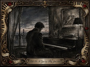 A solitary man sits quietly at a piano beside a dusk-lit city window, immersed in reflection and melancholy. Deep charcoal textures, smoky grays, muted sepia, and soft highlights create an intimate, timeless atmosphere. An ornate musical frame of piano keys, gold filigree, sheet music, and red lips surrounds the contemplative scene.