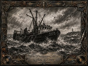 A weathered fishing boat battles rough Atlantic waves beneath a turbulent charcoal sky, while a lone fisherman works amid nets and rigging. Gulls circle above a distant lighthouse, reinforcing the mood of hardship and endurance. Deep grays, sepia metalwork, and gold accents frame the dramatic scene in a richly textured, vintage maritime style.