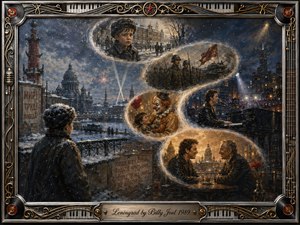 A richly textured oil painting weaves snowy Leningrad memories through an S-shaped sequence of glowing vignettes, portraying childhood, war, a compassionate clown, music, and reconciliation. Cold blues and grays gradually warm to amber gold. An ornate chrome-and-gold musical frame, piano keys, strings, records, and engraved title plate complete the reflective composition.
