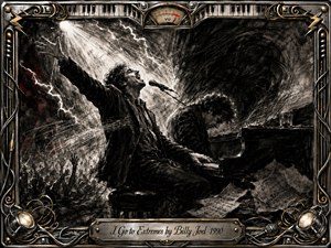 A passionate pianist performs amid stormlike energy, caught between triumph and exhaustion as bright spotlights and lightning cut through deep charcoal shadows. Sweeping musical lines, scattered sheet music, a microphone, and cheering silhouettes intensify the drama. An ornate chrome-and-gold musical frame surrounds the textured monochrome artwork, emphasizing emotional extremes.