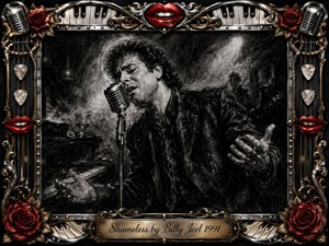 A passionate singer leans into a vintage microphone beside a shadowed piano, rendered in deep, feathered charcoal with smoky highlights and dramatic contrast. An ornate chrome-and-gold frame surrounds the scene with red roses, glossy lips, piano keys, guitar picks, and musical details, creating a romantic, intense, theatrical atmosphere.