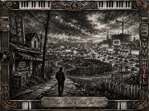A lone figure walks through a decaying roadside neighborhood toward sprawling construction, traffic, strip malls, and cranes beneath a turbulent sky. Deep charcoal textures, smoky grays, stark highlights, and dramatic shadows create a bleak, reflective mood. An ornate metallic music-themed frame surrounds the scene, finished with an engraved title plate.