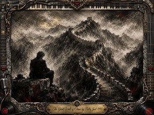 A solitary figure overlooks the Great Wall winding through mist-shrouded mountains, rendered in deep, feathered charcoal with subtle gold and crimson accents. The mood is reflective and melancholic, with dramatic cloudy lighting and rugged textures. An ornate music-themed frame features piano keys, strings, vinyl records, metallic filigree, and an engraved title plate.