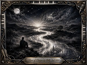 A solitary figure sits beside a luminous, winding river beneath a moonlit, star-filled sky, surrounded by misty hills and dreamlike musical visions. Deep charcoal textures, silver highlights, and subtle blue tones create a mysterious, reflective mood. An ornate piano-key and gold-inlaid frame completes the surreal composition.