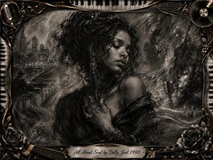 A soulful woman dominates the charcoal composition, eyes closed and hand over her heart, surrounded by smoky musicians, city lights, flowing sound waves, and a vintage microphone. Deep blacks, silvery grays, and restrained gold accents create dramatic warmth. An ornate musical frame of piano keys, roses, strings, and filigree completes the intimate, reflective scene.