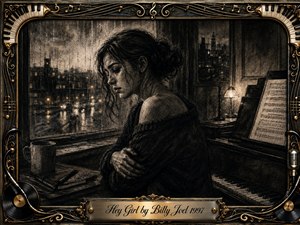 A sorrowful young woman sits beside a rain-streaked window, quietly embracing herself as distant city lights shimmer outside. Deep charcoal textures, soft sepia highlights, and warm lamplight create an intimate, reflective mood. A piano, sheet music, mug, and notebooks enrich the scene, framed by ornate gold musical details and a centered engraved title plate.