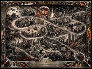 A dramatic charcoal-and-mixed-media historical collage sweeps through smoky feathered bubbles in an S-shaped timeline, blending war, protest, politics, science, television, music, and cultural change. Deep blacks and silvery grays dominate, accented by ember reds and gold. An ornate musical frame and engraved title plate complete the turbulent composition.